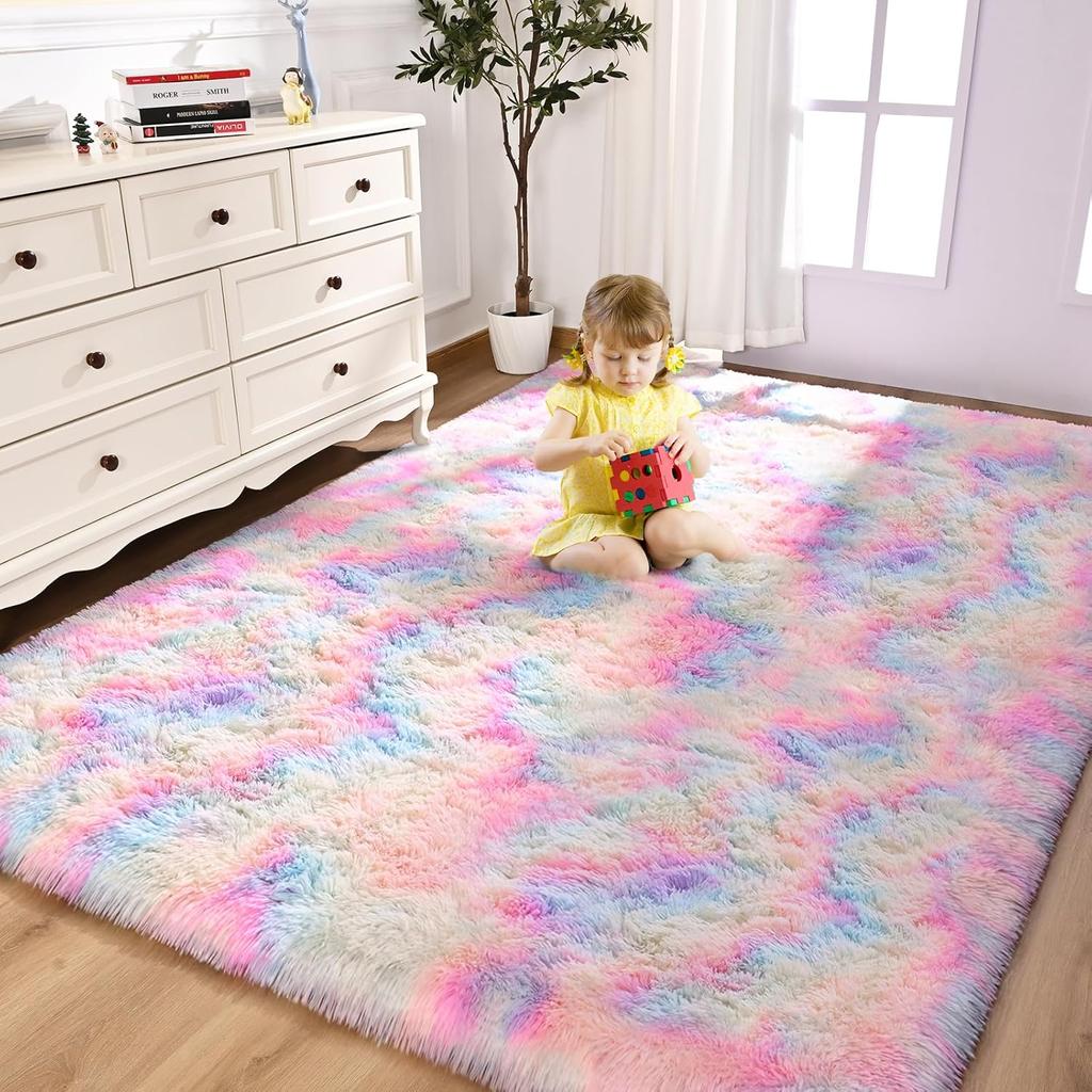 NOAHAS Soft Fluffy Rainbow Rugs for Girls Bedroom Shaggy Kids Playroom Home Decor Mat Colorful Plush Nursery Cute Fuzzy Carpet