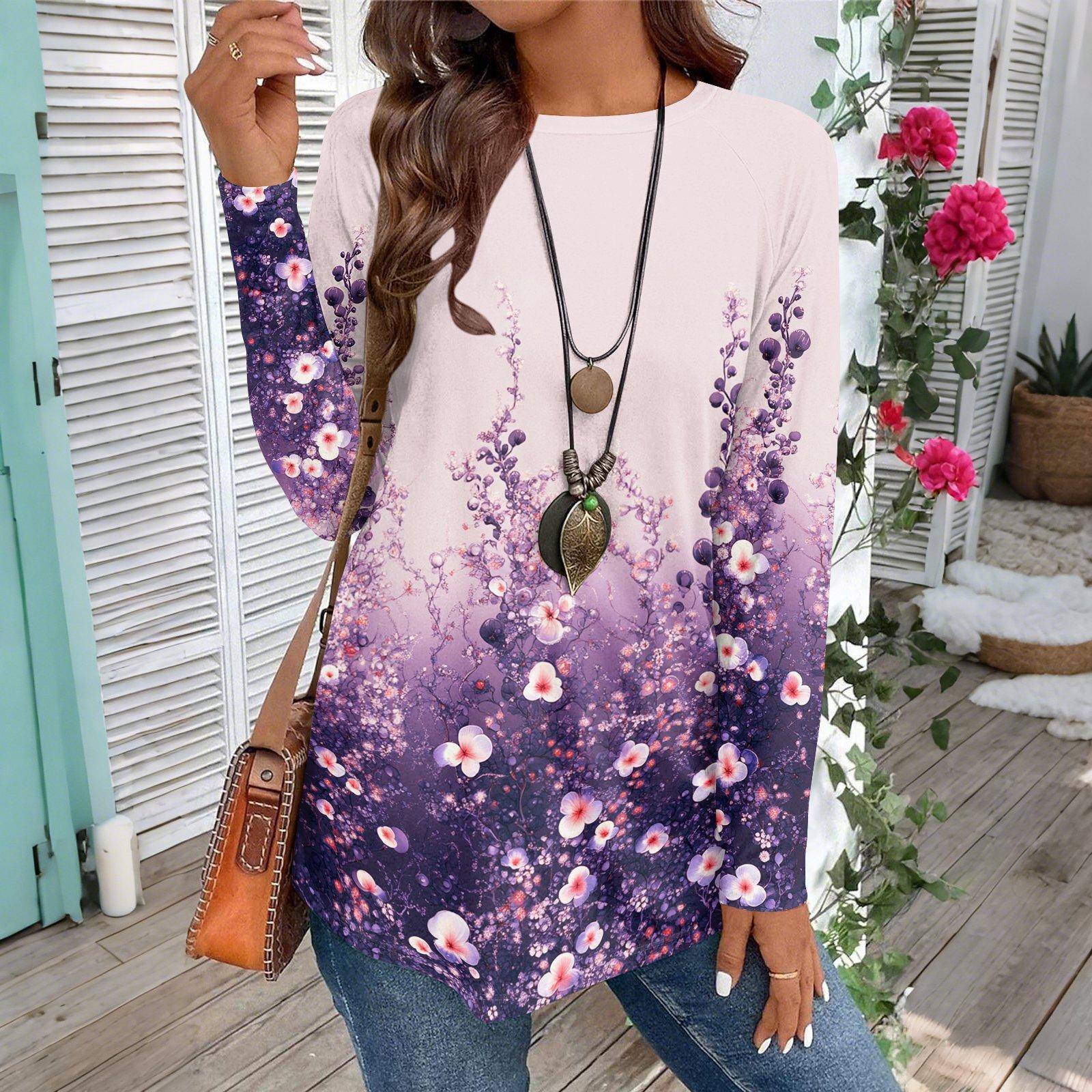 

Женская повседневная футболка большого размера с длинными рукавами и круглым вырезом, винтажный этнический принт, топ-пуловер XL фиолетовый