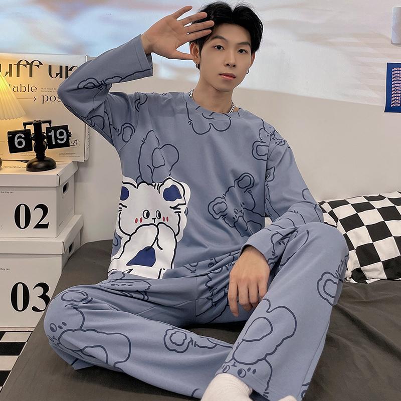 Spring Cotton Men's Pijamas Set Plus Home Clothes Male Nightwear 2Pcs/Set Casual Loungewear Long Sleep Top & Pant