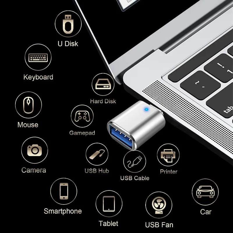 1pc LED USB 3.0 To Type C Adapter OTG To USB C Female Connector for Phone