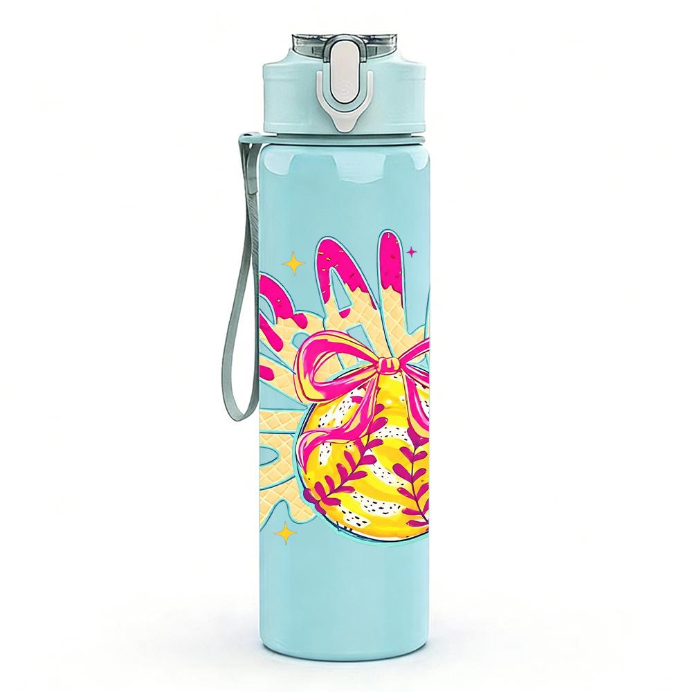 1PC Colorful Softball Bow Graffiti Art 750ml Color Plastic Water Bottle Leakproof Flip Straw Lid For Sports Office Home Use