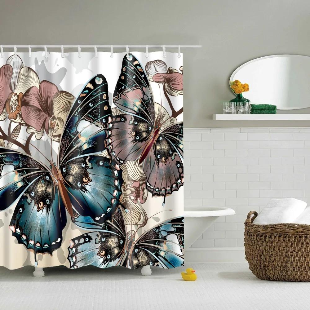 Beautiful Decorative Peacock Butterfly Owl Bird Bathroom Shower Curtains Frabic Waterproof Polyester Bath Curtain with Hooks