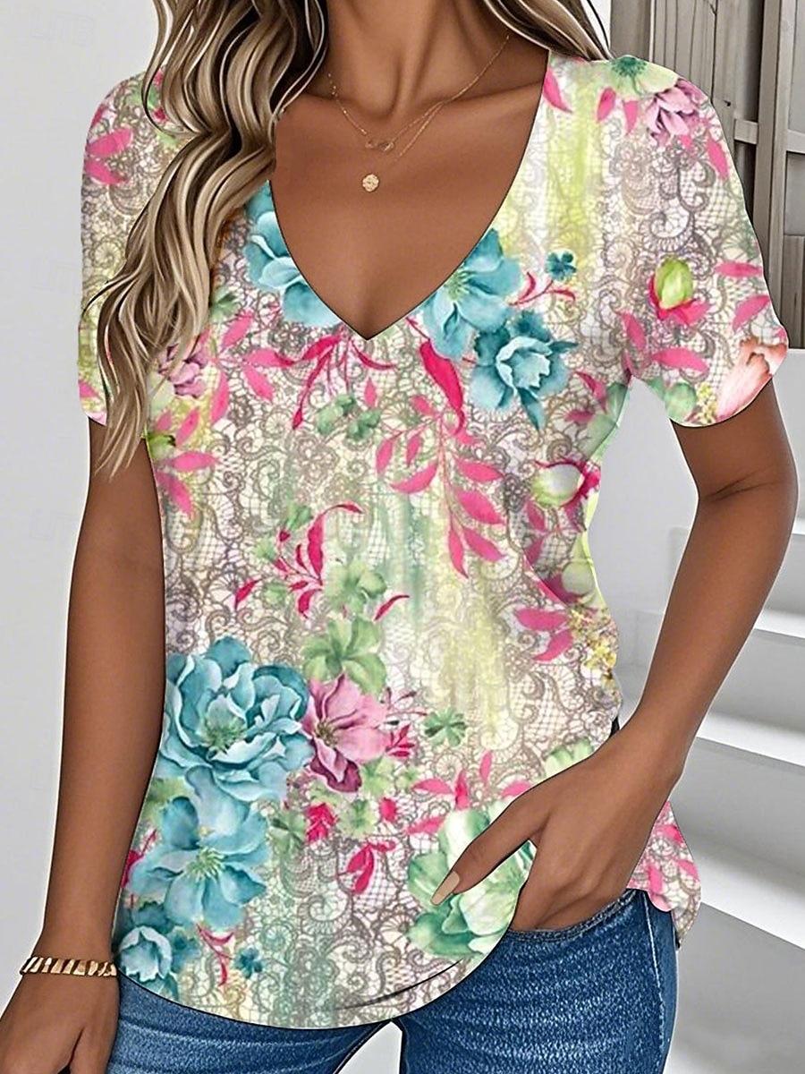 3D Printed Short Sleeve Retro Floral Print Women s V-Neck Pullover T-Shirt Summer Loose Women s Casual Short Sleeve Top S