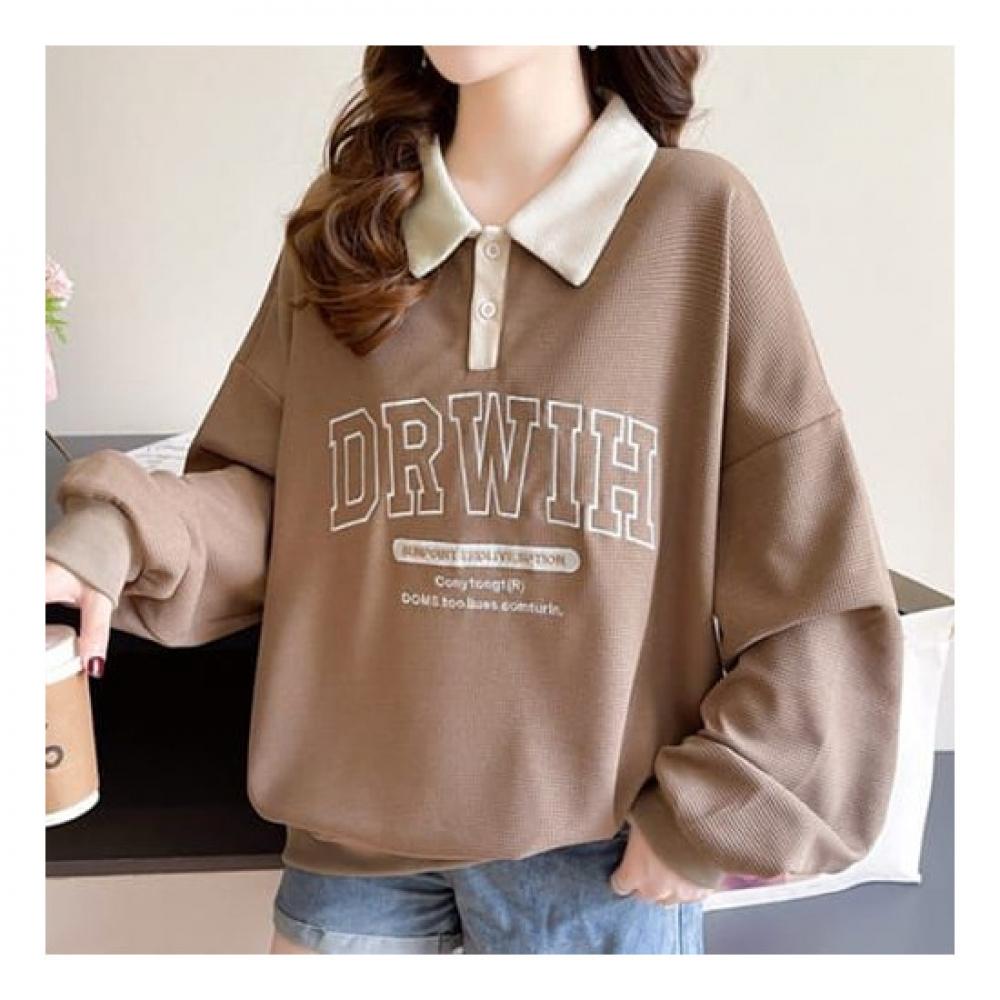 Navava Women Lettering Loose Fit Long Sleeve Collar Sweatshirt Nt1930