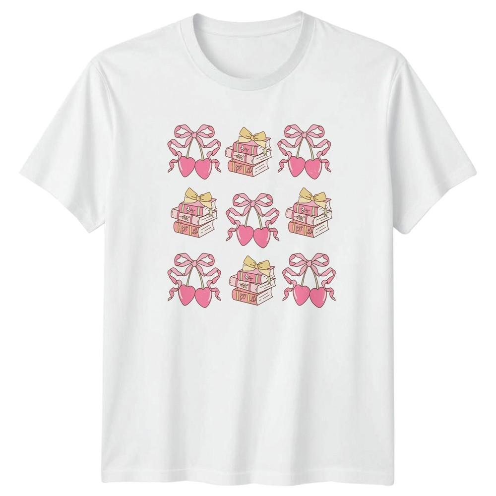 Pink Bow Hearts Book Stack Pattern Unisexs TShirt Coquette Aesthetic Reading S