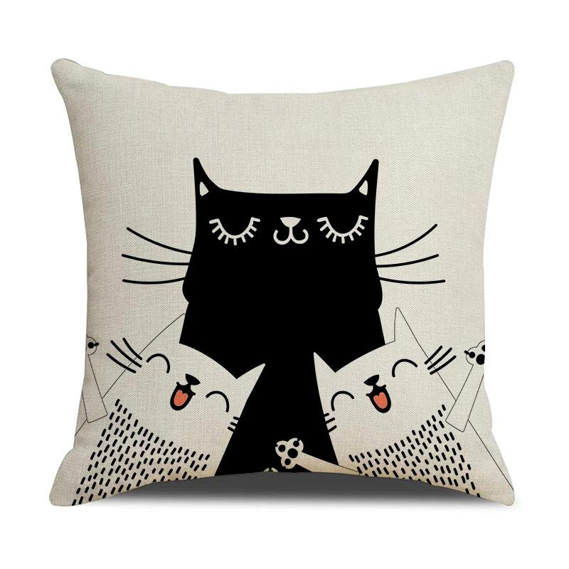 Black And White Cute Cat Printed Cushion Cover Home Decorative Sofa Pillow Covers Coffee Chair Throw Pillow Case Car Pillowcase