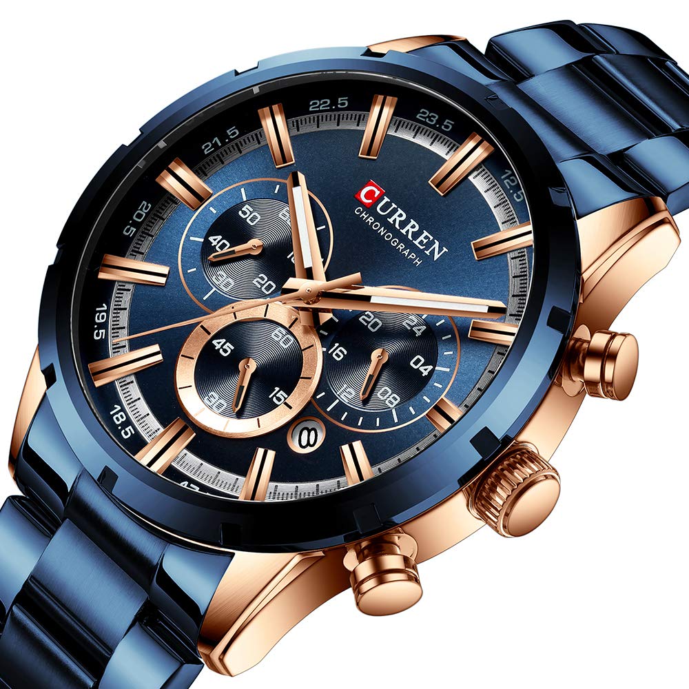 CURREN Men's Sport Quartz Chronograph Watch with Luminous Hands, Stainless Steel, and Date Display
