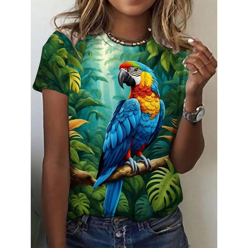 2026 Summer Fashion 3D Parrot Print Women T-Shirts Casual O-Neck Short Sleeve Tees Animal Print Trend Daily Wear Female Clothing