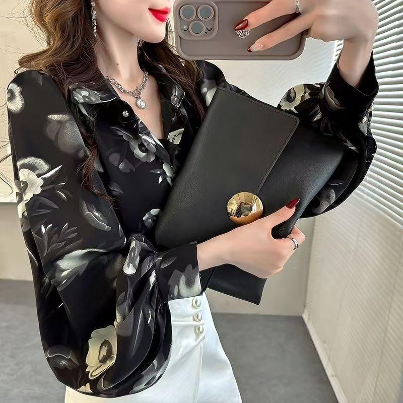 Retro Women's Printed Shirt Slim-fit Lantern Sleeve Floral Shirt Collared Chiffon Shirt Spring