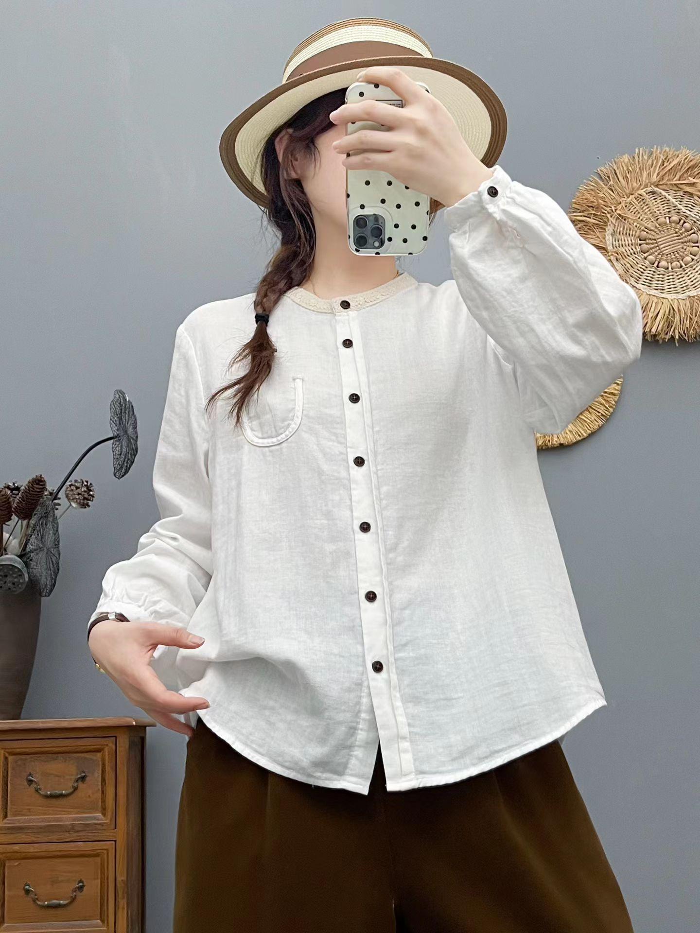 2026 Artistic Retro Lace Long Sleeve Slimming Casual Shirt for Women - Spring/Autumn Style Medium