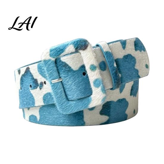 Music Festival Belt Women Cow Pattern Hair Leather Horse Belt Imitation Waist Fabric Covered Buckle Band for Jeans Dresses Slimming