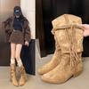 Cowhide version~ fringed wasteland wind summer boots female Merad Xinjiang thick heel knight boots stacking boots