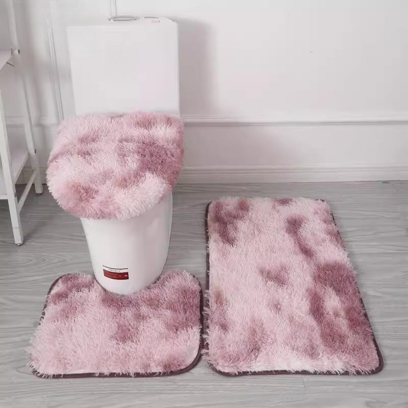 1SET Long-haired Tie-dyed Carpet Household Toilet Three-piece Non-slip Floor Mat, Water-absorbing and Dirt-resistant Bathroom Floor Mat