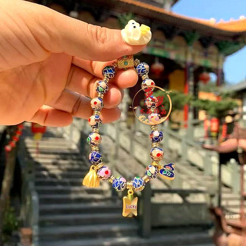 Blue Cloisonné Enamel Lotus Pod & Gourd Bracelet with Incense Ash Glass Gold Leaf: Fortune & Prosperity Charm