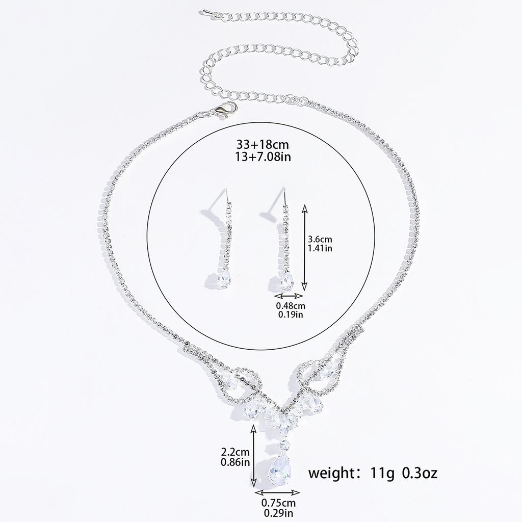 3PC women's fashionable necklace and earring set with rhinestone and water droplet design, suitable for weddings, parties, and h