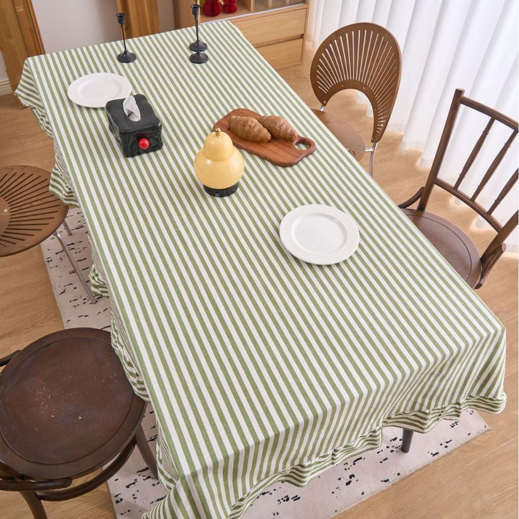 Tablecloth French Retro Striped Yarn-Dyed Cotton And Linen Ruffle Edge Striped Green Dining Table Living Room Fabric