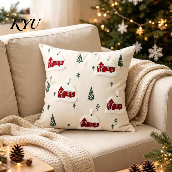 Christmas Cottage Cushion Cover Cover, Red Snowy House Pillowcase, Decorative Holiday Gift for Home Decor Throw Pillow Case Sofa Couch Farmhouse