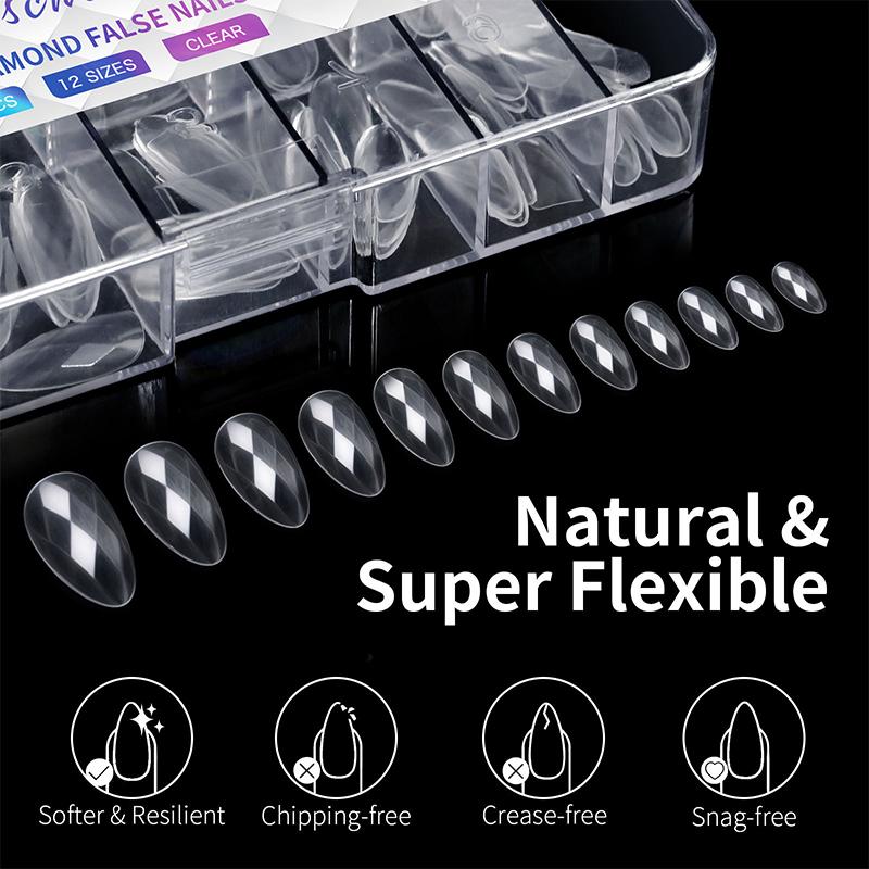 Luxury Diamond Almond Press On False Nail Tips Classic Trapezoidal Full Cover Soft Fake Nails Extension DIY Manicure Salon Tools