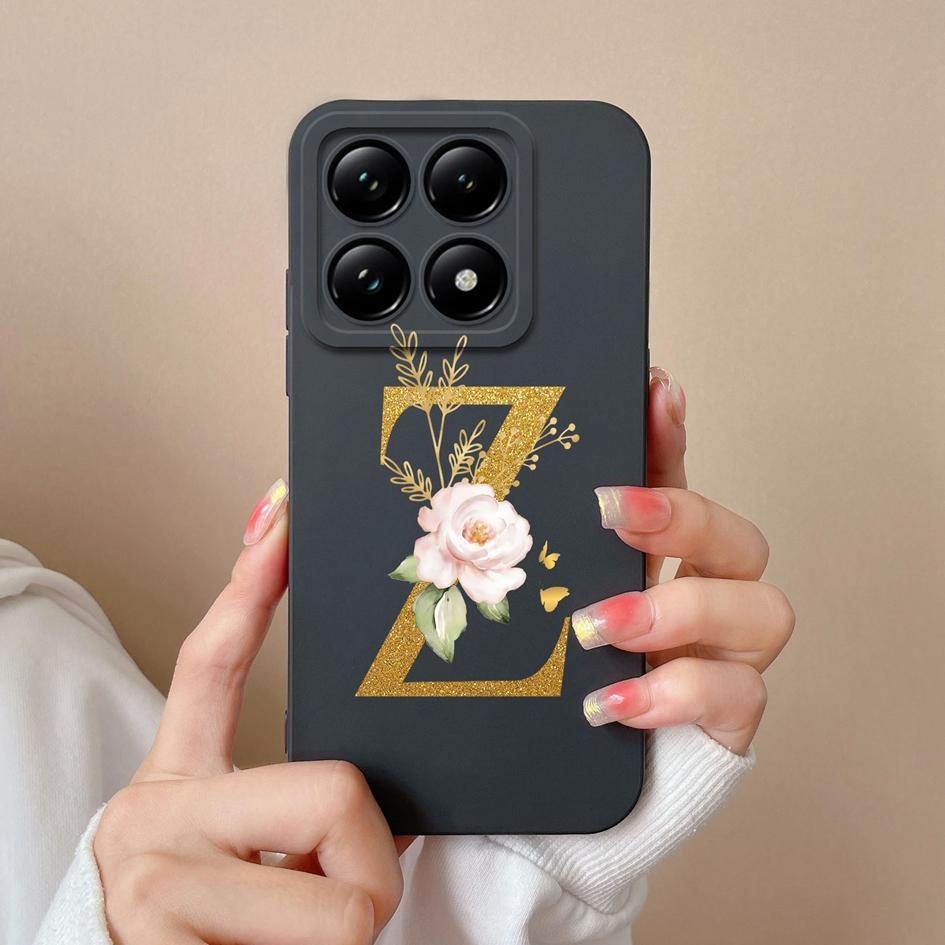 Liquid Soft Silicone Bumper For Xiaomi 14T Pro 5G 14 T Cover Pretty 26 Flower Letters Cases Anti Drop Housing Phone Shell Fundas