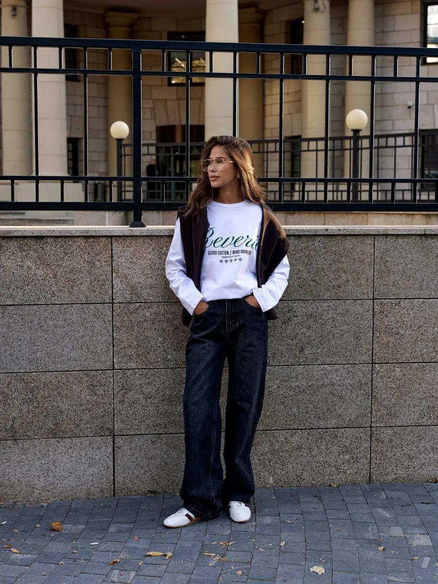 Personality trend versatile autumn new European and American style fashion popular Hong Kong style literary printing pure cotton women XXXL белый