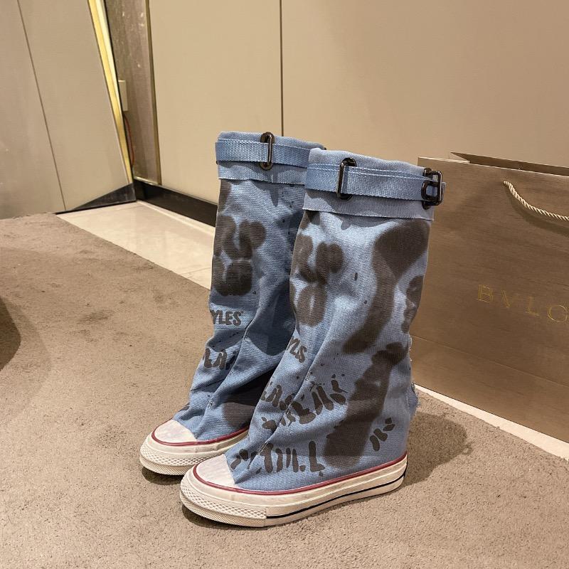 Fashion Women's Knee-high Boots Fashion Cowboy Canvas Boots Designer Graffiti Long Boots for Women Pleats Stacking Boot Botas De Mujer
