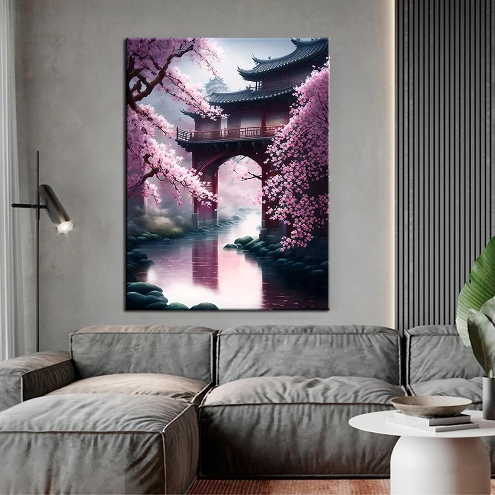 5D Diy Diamond Embroidery Sakura Bridge and Palace Diamond Painting Needleworks Cross Stitch Needleworks Home Decor J3479