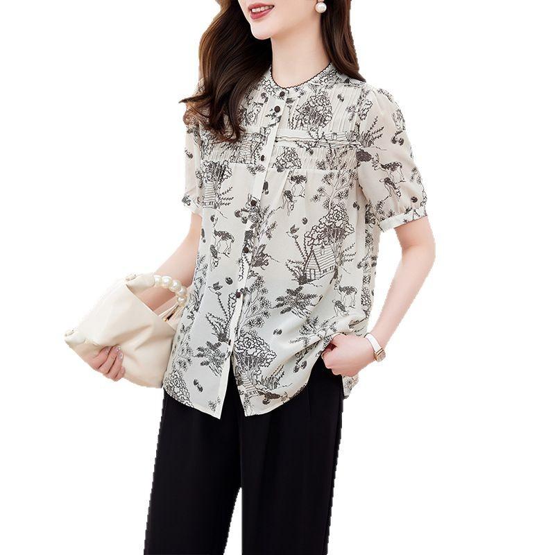 Temperament Printed Silk Shirt Women's New Summer Thin Mulberry Silk Short-sleeved Top