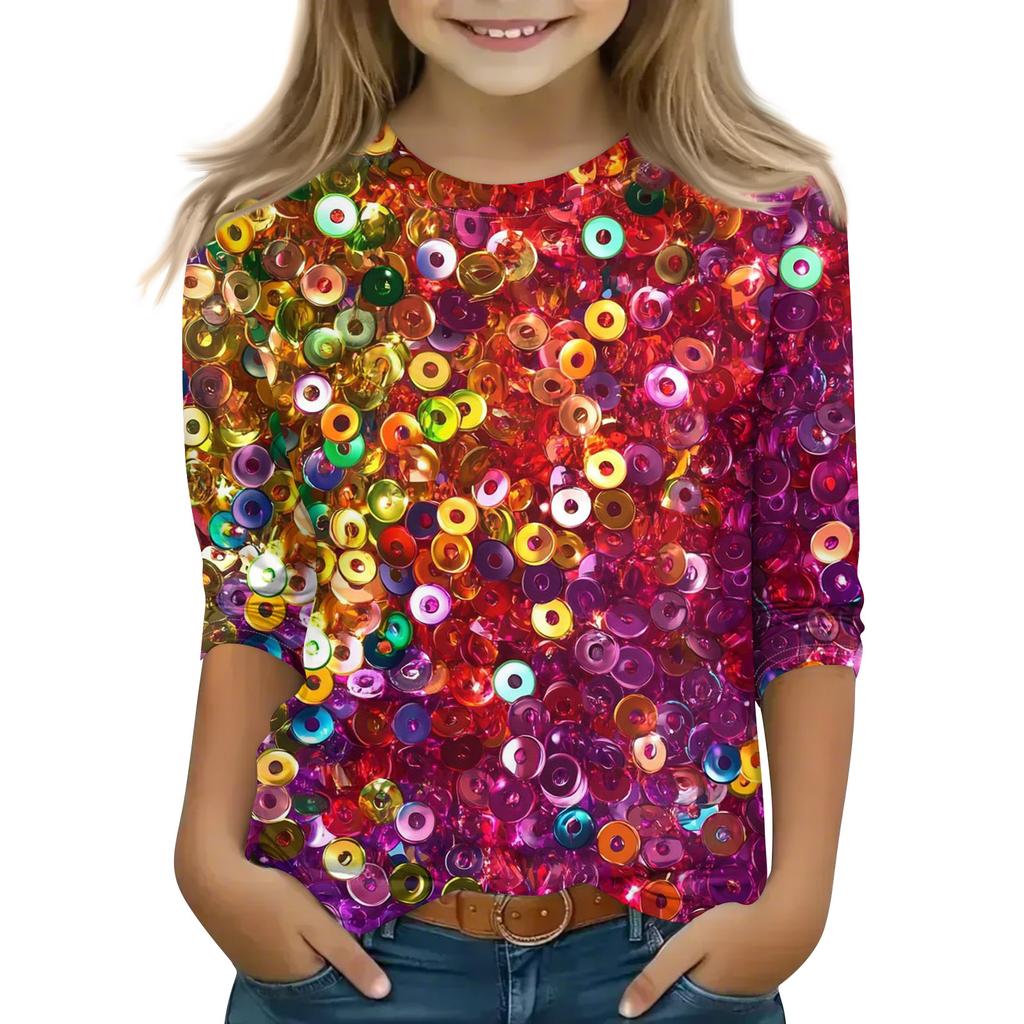 Print Tops For Youth Girls Round Neck 3/4 Sleeves T-Shirts Trendy Tops Outfit Tees