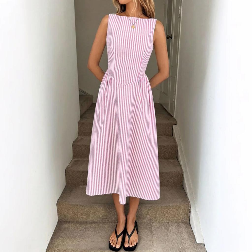 Abito Lungo a Righe Verticali da Donna, Casual Europeo e Americano Senza Maniche con Tasche, Abito alla Moda