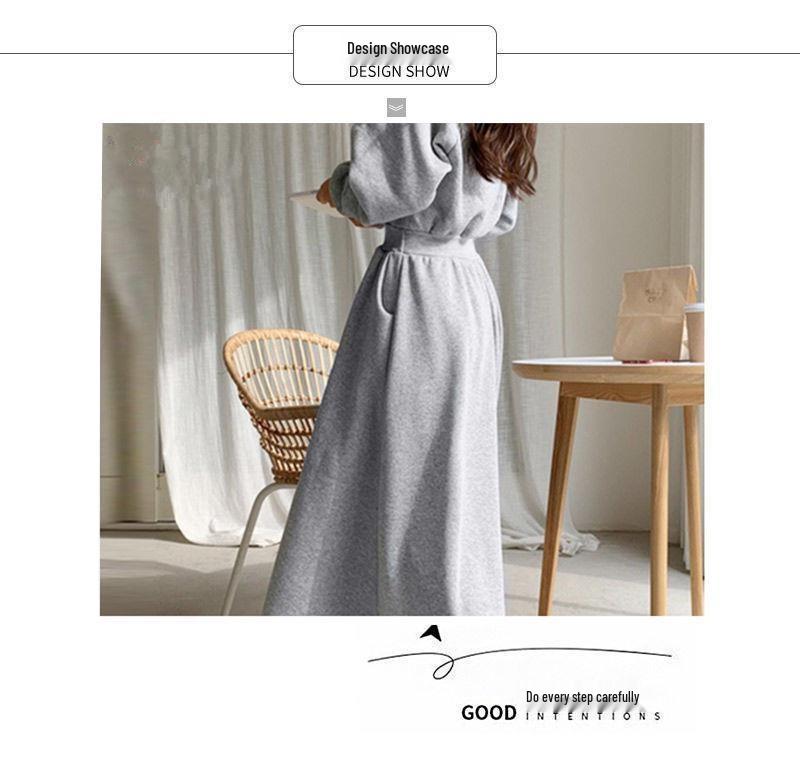 Korean Style Plus Size Hooded Sweatshirt Dress - Solid Color, Slimming Waist, Autumn/Winter Wear for Women