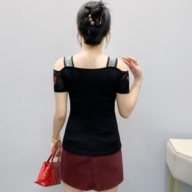 TrendHub Sexy Off Shoulder T Shirt for Women Luxury Flower Diamonds Short Sleeve Tee Summer Fashion Womens Mesh Tee Shirts Top