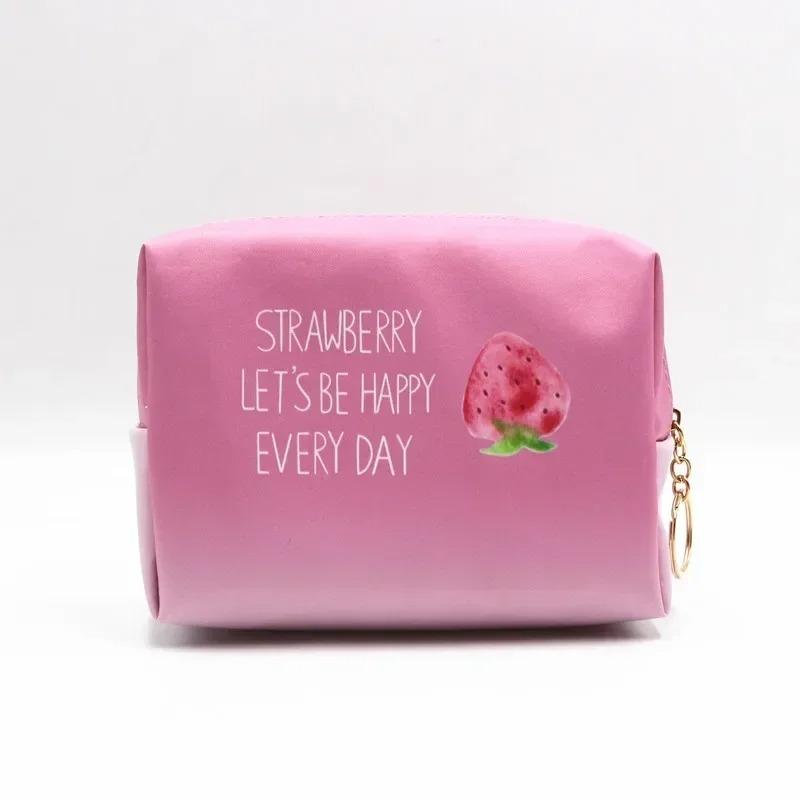 PU Waterproof Cosmetic Bag Creative Pink Strawberry Series Large Capacity Portable Toiletry Bag Travel Storage Bag Makeup Pouch