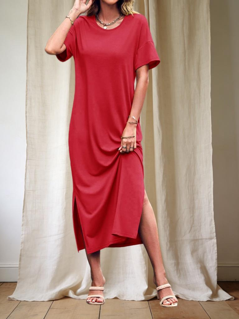Womens T Shirt Dress Drop Shoulder Side Slit Loose Maxi Dress With Pockets