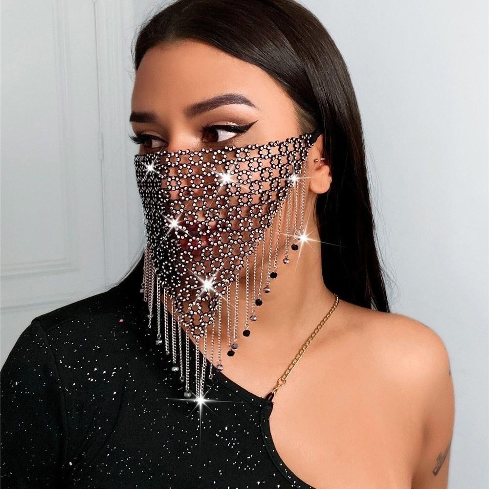 Tassel Rhinestone Mask Fishing Net Masquerade Mask Reusable Face Cover  Girl