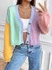 Cardigan de Tricô Color Block com Decote V Feminino - Suéter Solto, Curto e Versátil para Primavera e Outono