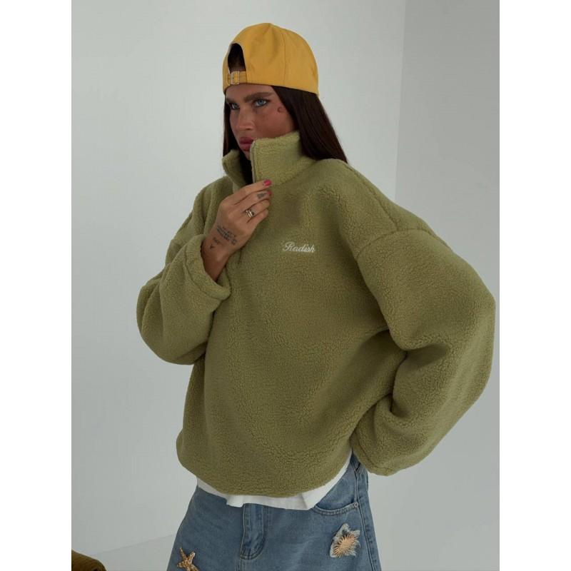 Womens Fleece Pullover Hoodie With Stand Collar Zipper Front Loose Fit Winter Casual Top Olive White