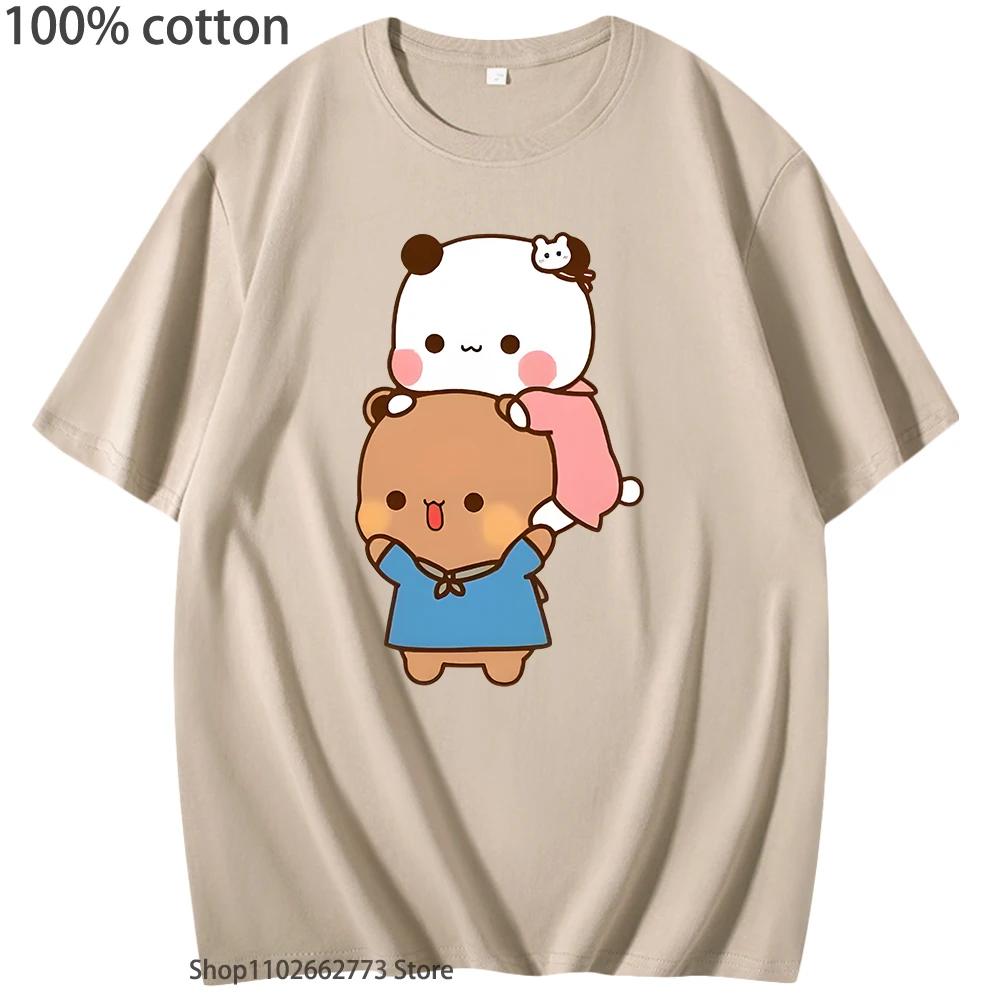 Kawaii DuDu and BuBu Enjoying Their Time Tshirts Cute Panda Bear Graphic Shirt Korean Styele Women Clothes Cotton Men Tees