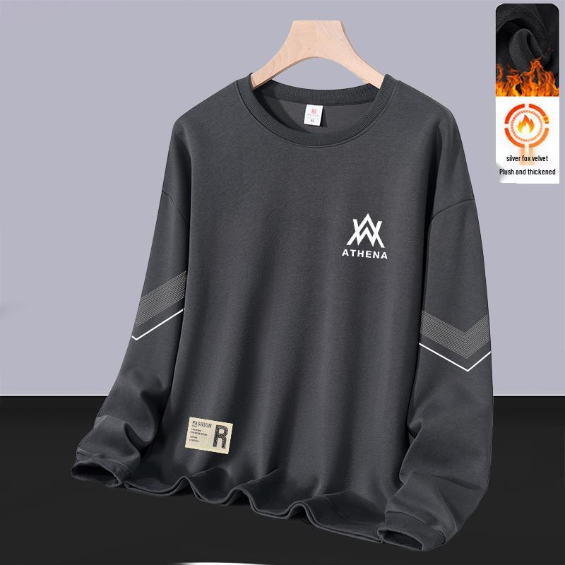 Men's Trendy Round Neck Hoodie: Autumn/Winter Loose Fit with Velvet, Long Sleeves, Versatile Casual Pullover