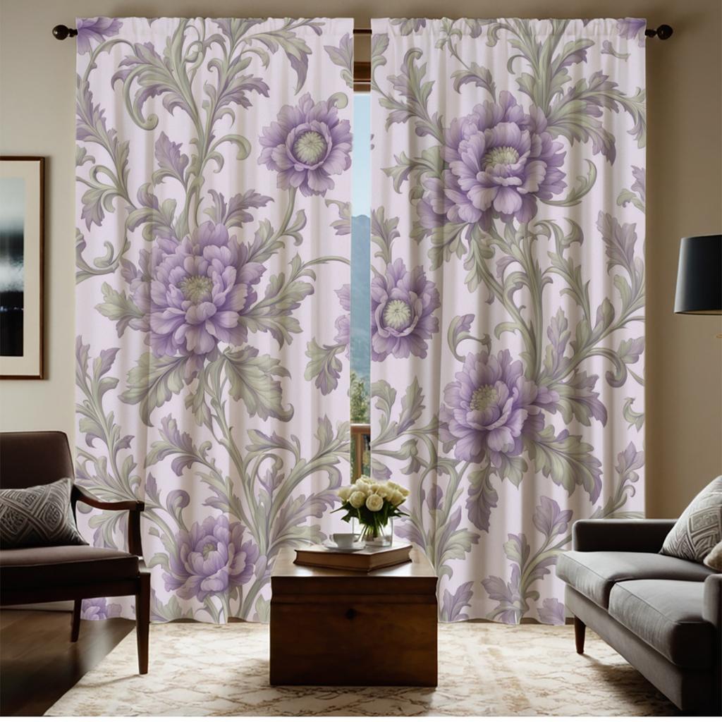 Lavender Floral Print Curtains Polyester Fabric Suitable Bedroom Living Room Decoration Curtain Made Of Washable Area Ready