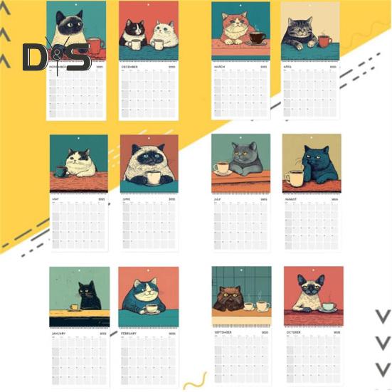 1/2Pcs 2025 Wall Calendar Cats Chillin' with Coffee Wall Calendar 12 Monthly Coffee Cats Calendar Family Office Organizer for Cat Lover Gift