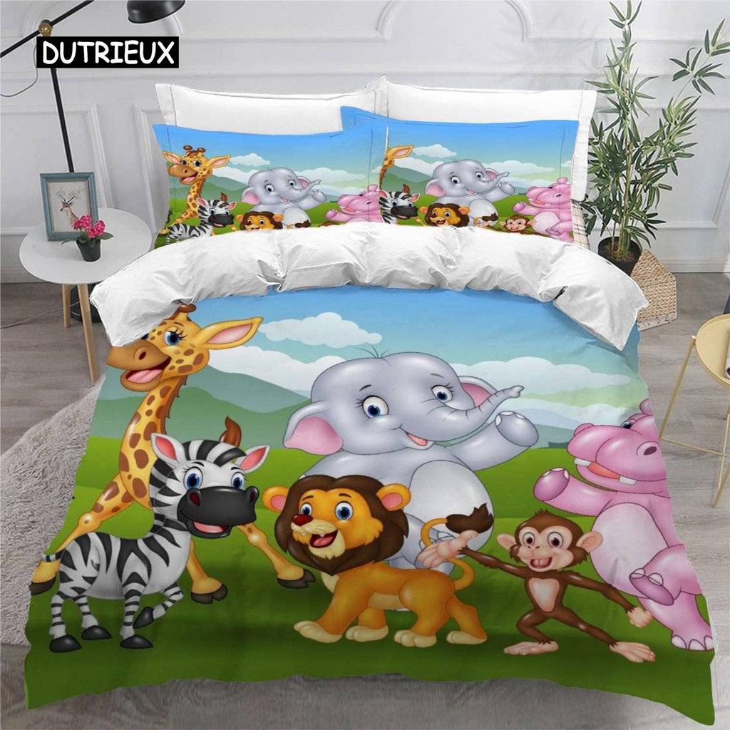 Cartoon Zoo Duvet Cover 3D Forest Animal Bedding Set for Kids Girls Soft Microfiber Quilt Cover with Zipper Closure