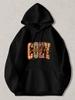 Black Pullover Hoodie with Cozy Season Graphic Fall Plaid And Leopard Print Lettering Autumn Winter Casual Sweatshirt for Daily We