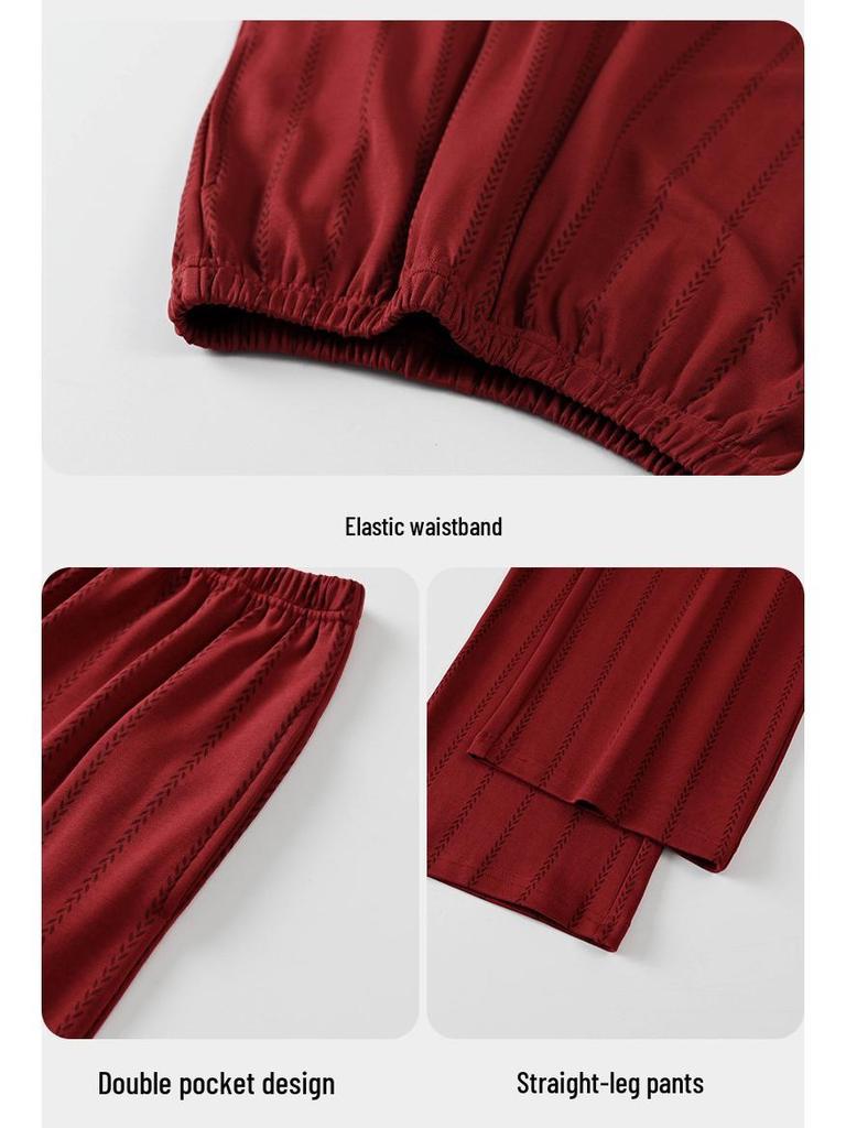 Red Year of the Rat Cardigan Pajamas Set - Tencel Cotton, Long Sleeve, for Couples, Spring/Autumn