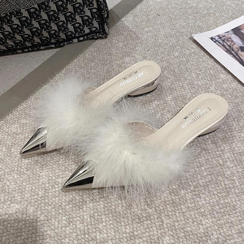 Fashion New Style Fashion Pointy Mule Shoes Women's Fluffy Summer Dress Elegant Slingback Sandals Party Simple and Shallow Cut Style