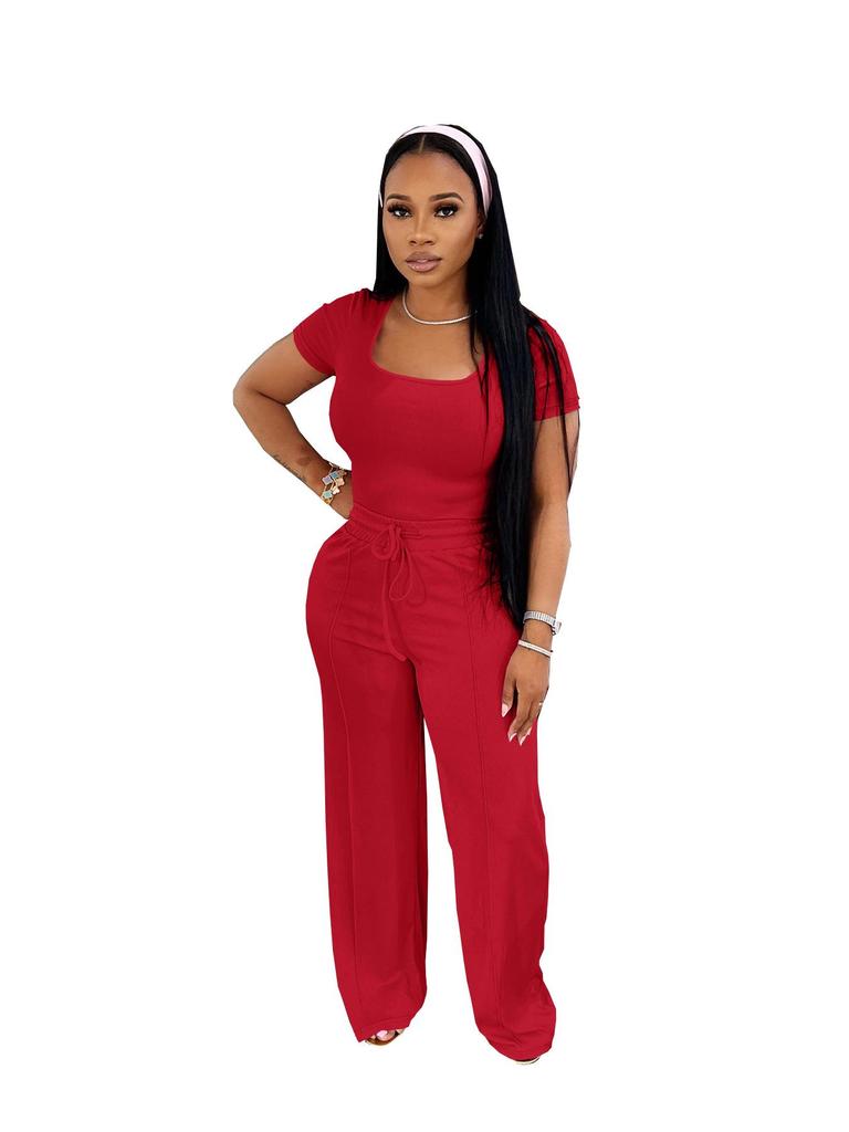 TW730 Summer Fashion Solid Color Square Neck Top & High Waist Wide Leg Pants Set