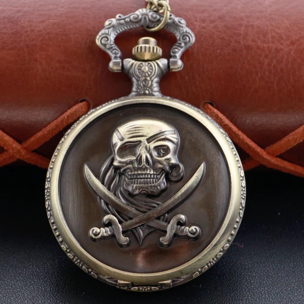 

New Bronze Classic Crossed Sword Skull Arabic Digital Quartz Pocket Watch Necklace Pendant Clock Fob Chain Men s Women s watches бронзовий