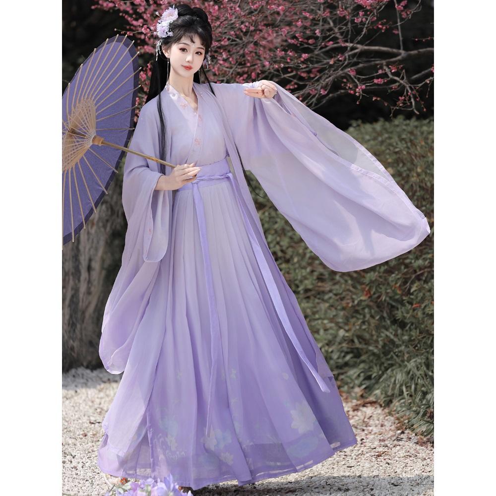 Chinese Wei And Jin Dynasty Style Purple Wide-sleeved Cross-neck One-piece Skirt Daily Suit