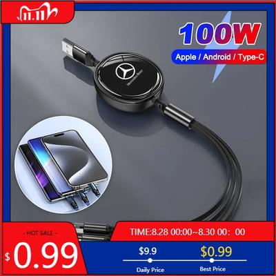 GLC GLB High Quality 3 In 1 Retractable 100W Fast Charge Cable For iPhone USB Type C/Micro For Mercedes Benz W203 W204 W205 W17