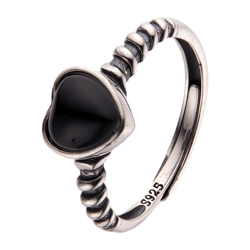 Винтажное тайское серебряное кольцо-сердце с цветным камнем S925 стерлинговое серебро инкрустировано натуральным черным агатом простое кольцо для женщин