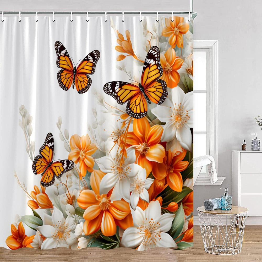 Colorful Butterfly Shower Curtains Flowers Blossom Floral Bathroom Curtain Polyester Fabric Bathtub Decor With Hooks For Home
